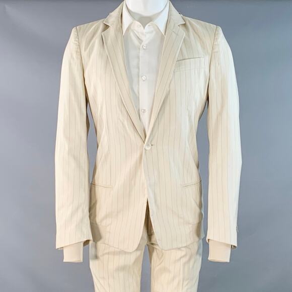 GAULTIER 2 Vintage 38 Beige Grey Pinstripe Wool Silk Single Button Hooded Suit - Picture 1 of 16